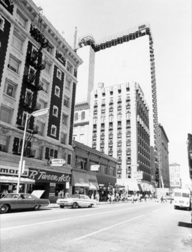 #74 Geary at Mason street with the 32nd story addition of the St. Francis Hotel, 1971.