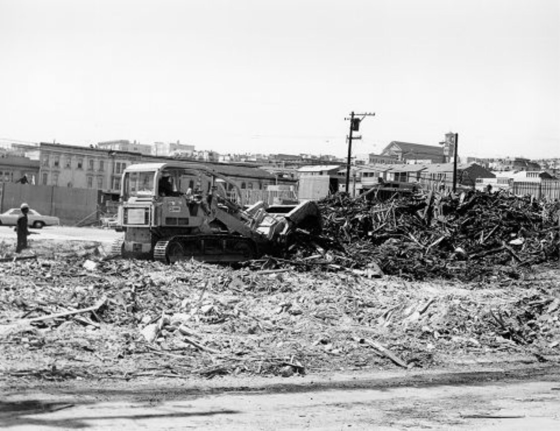 #182 Building at the corner of McAllister and Laguna streets being demolished, 1971.