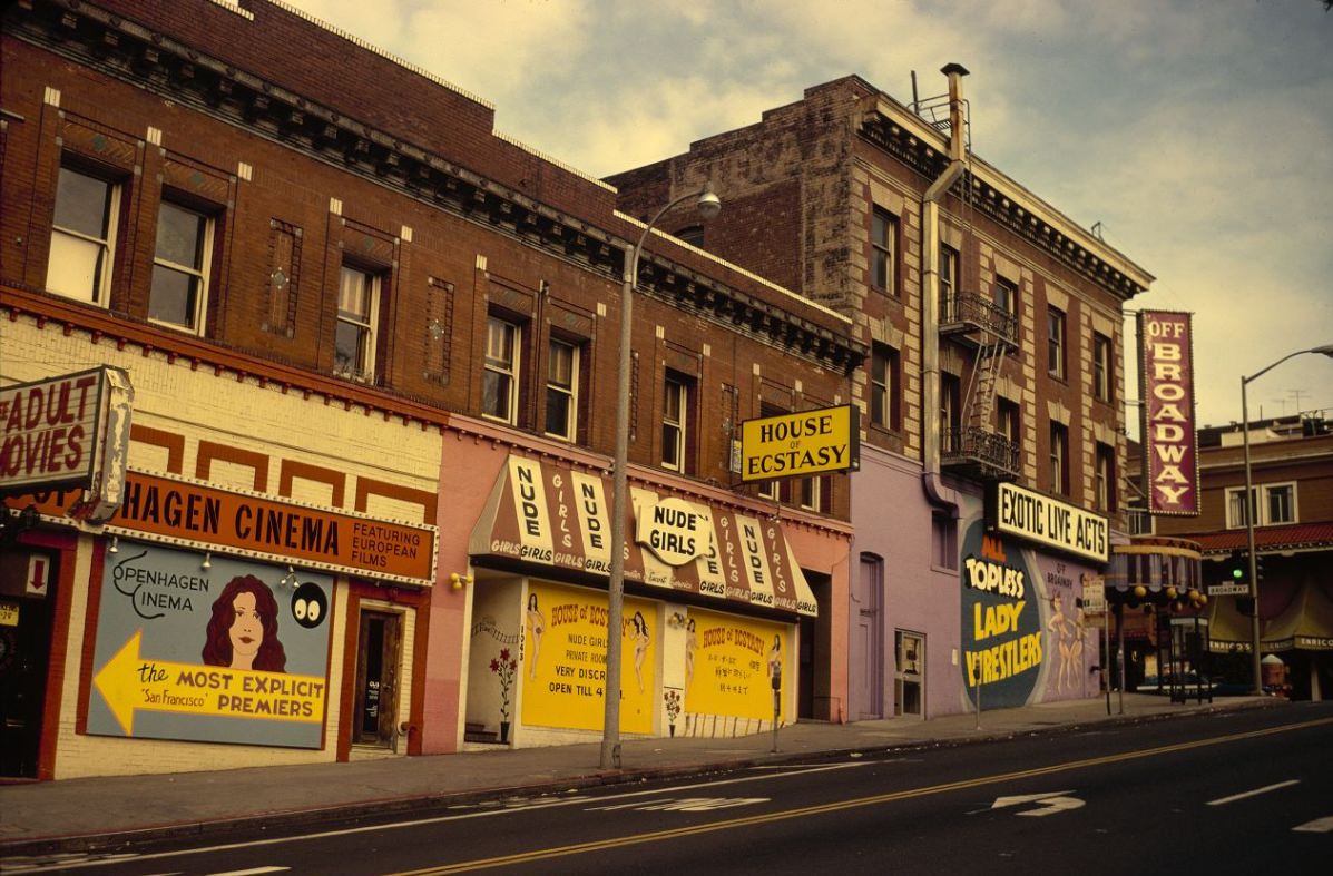 #201 Adult movie theater and adult businesses on Kearny Street near Broadway Street, 1975.