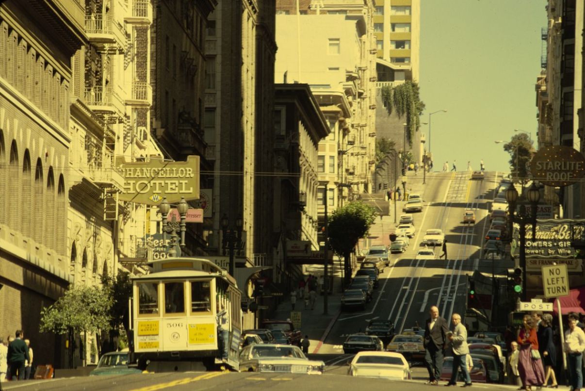 #4 Cable Car coming down Powell Street at Post Street, 1972.