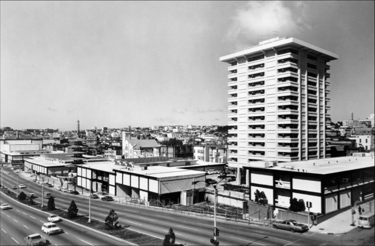 #7 Japantown center under construction on Geary Street, 1970s.