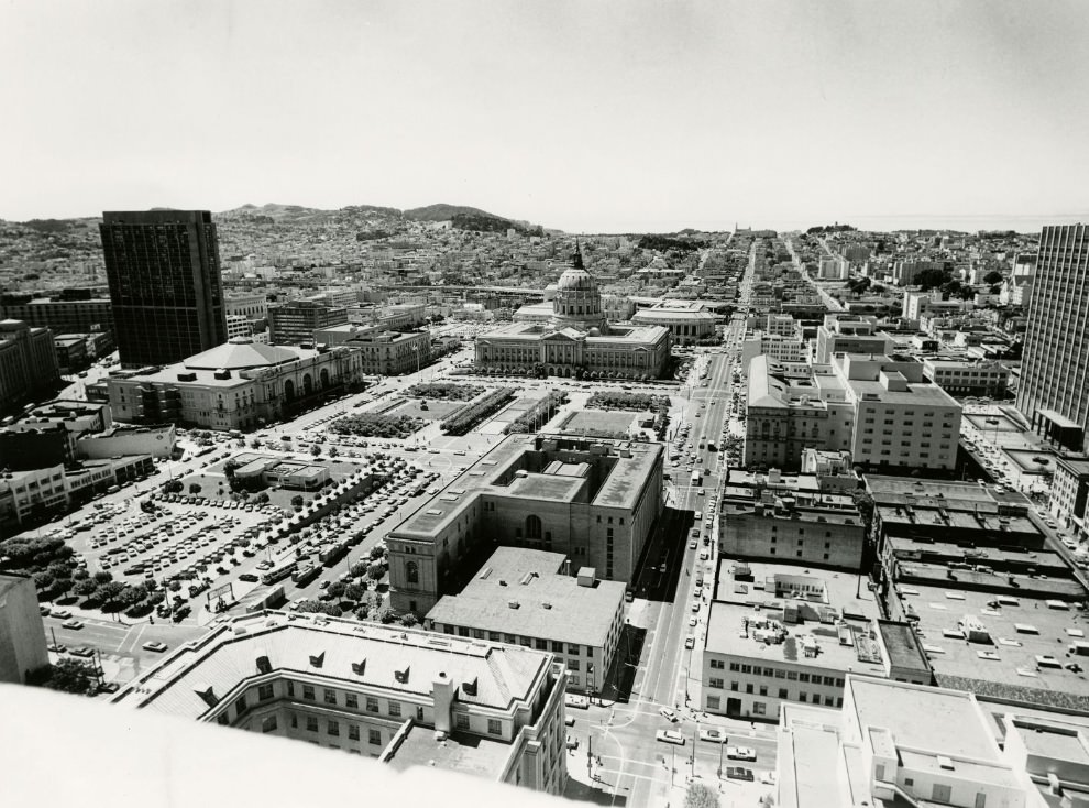 #34 Aerial view of Civic Center looking west, 1970s.