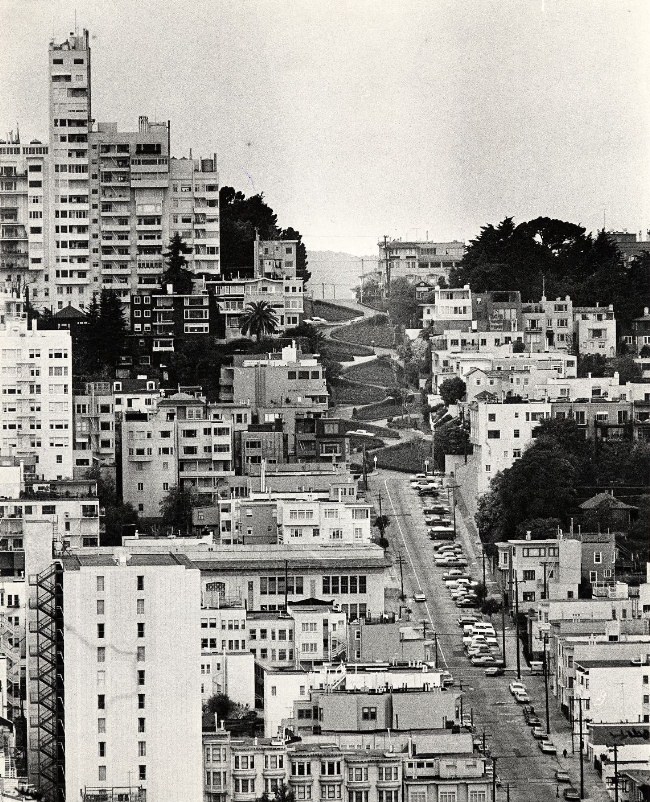 #37 View of the crooked section of Lombard Street from Telegraph Hill, 1972.