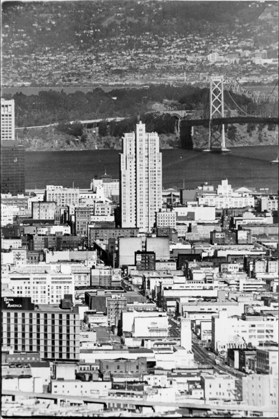 #162 View east from Twin Peaks, Market Street, Telephone Building, 1971.