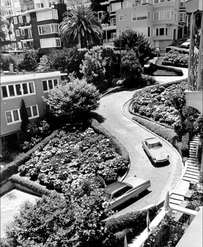 #47 Cars driving down the crooked section of Lombard Street, 1972.