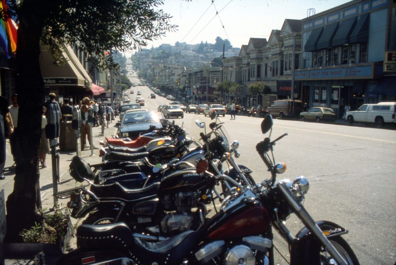 #119 Motorcycles on the 400 block of Castro Street, 1988.