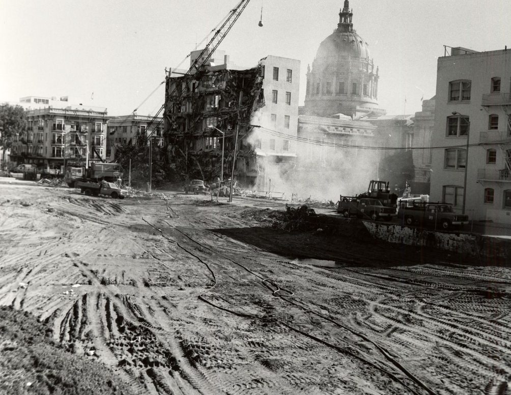 #38 Demolition of buildings across from City Hall, Civic Center, 1982.