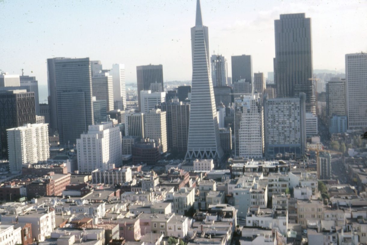 #52 Downtown skyline including Transamerica Building, taken from Coit Tower, 1983.