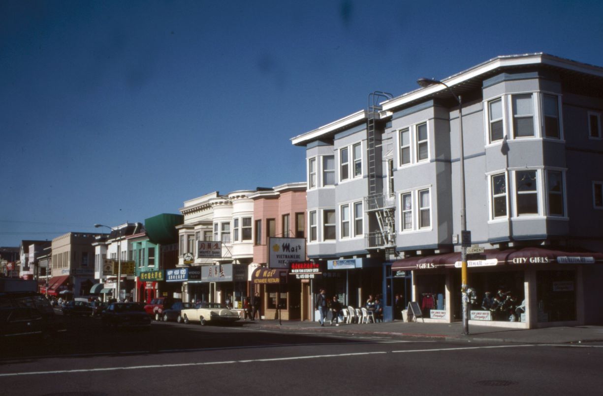 #40 Clement Street, 300 block, west of 4th Avenue, Happy Hour Video, Nguyet Sanh, Mai’s Vietnamese Restaurant, City Girls, 1992.