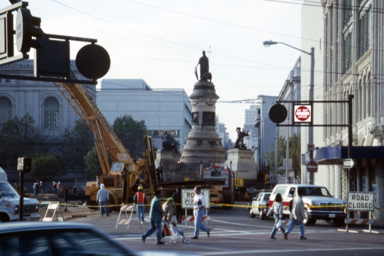 #32 Moving Pioneer Monument on Marshall Square, Hyde Street and Grove Street, site of the new Main Library, 1993.