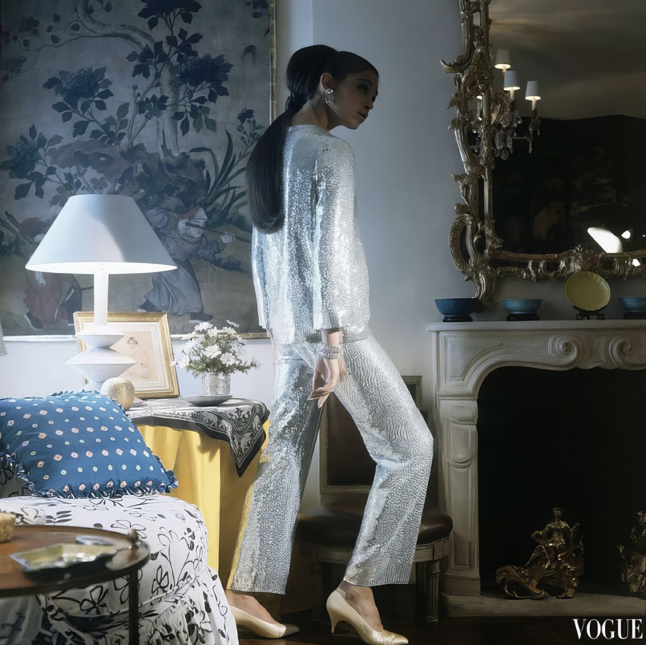 #2 Ann Turkel in pale blue crepe embroidered with silver paillettes by Norman Norell, 1966.