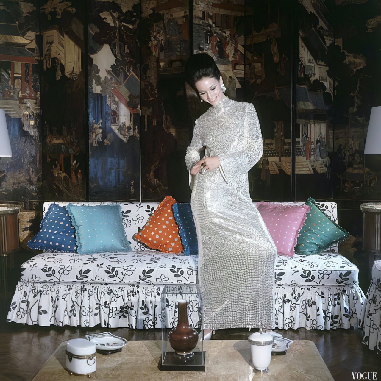 #3 Ann Turkel in a silver-pailletted full-length dress by Norman Norell, 1966.
