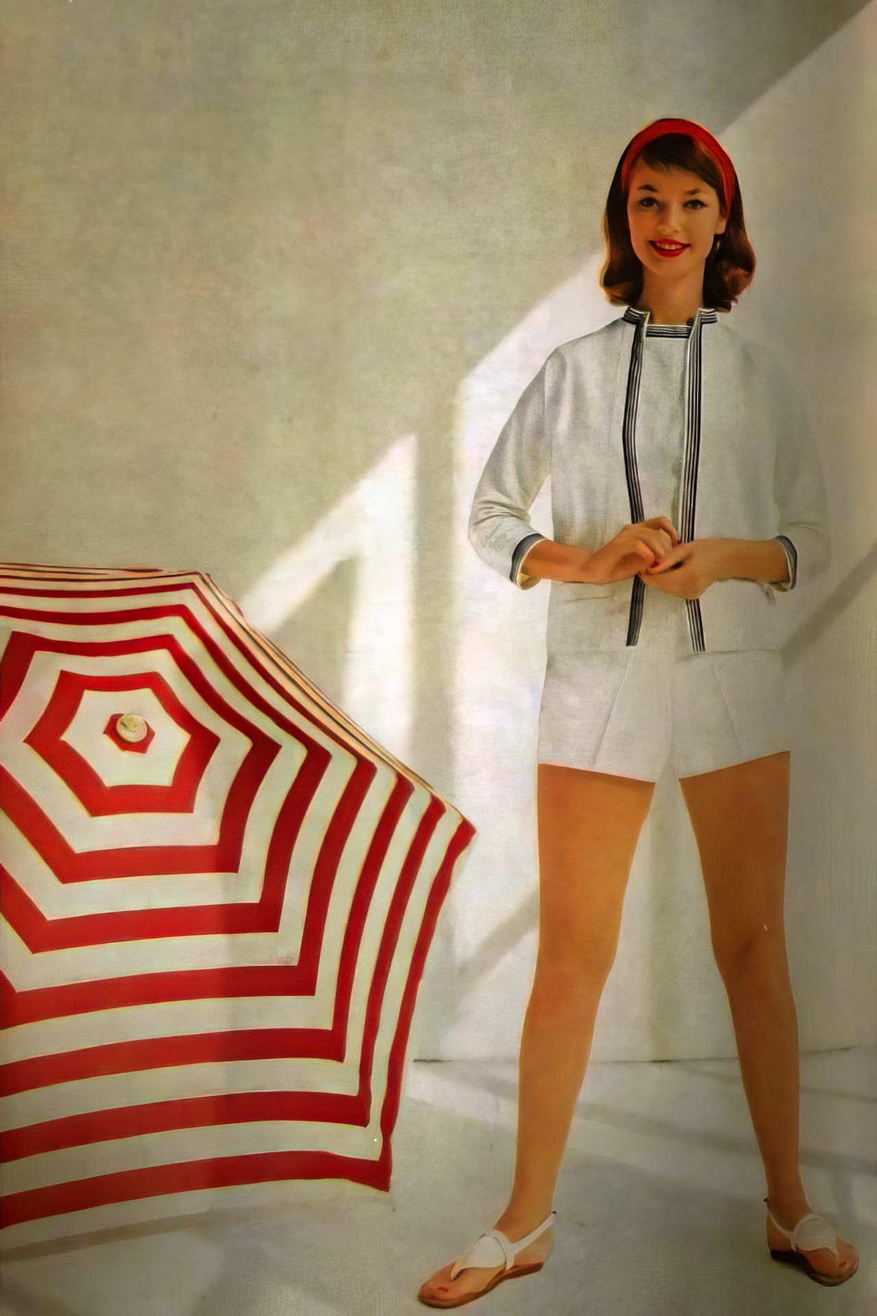 #19 Dolores Hawkins in summery white piqué attire by Jo Collins, 1956.