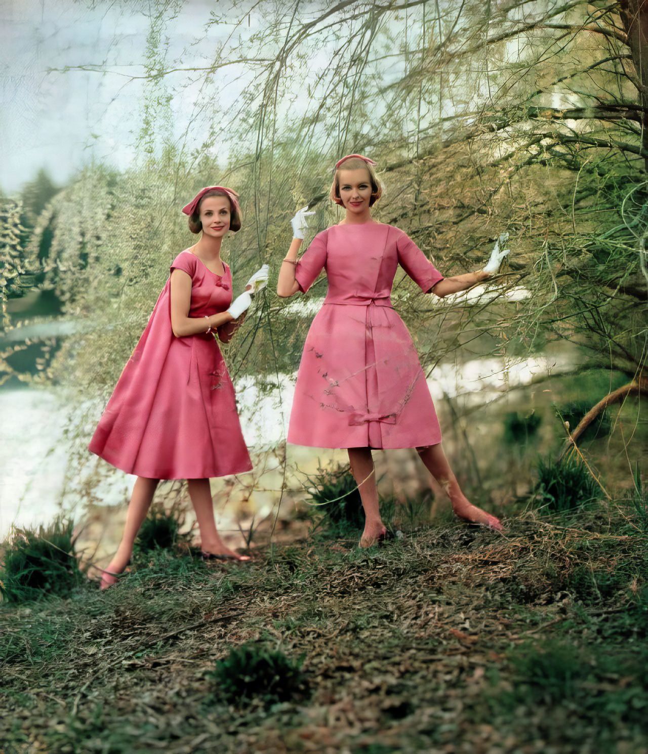 #24 Iris Bianchi and Lois Wideman in pink satin party dresses, 1958.