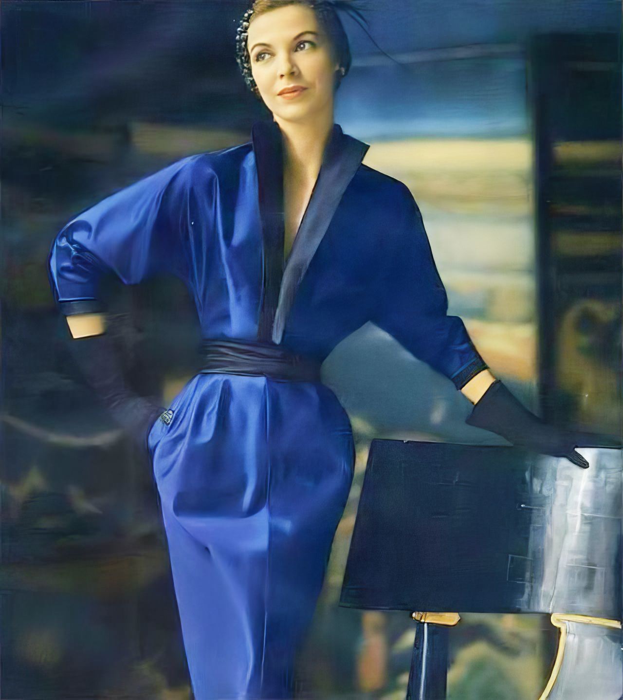 #2 Model in a sophisticated blue silk-faille dinner-theatre dress by Adele Simpson, Vogue, September 1950.