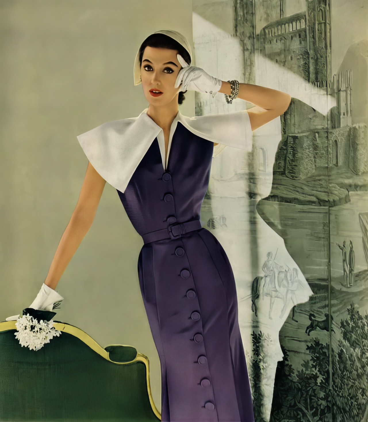 #3 Barbara Mullen in a sleeveless crêpe and Enka rayon dress by Adele Simpson, Vogue, April 1, 1951.