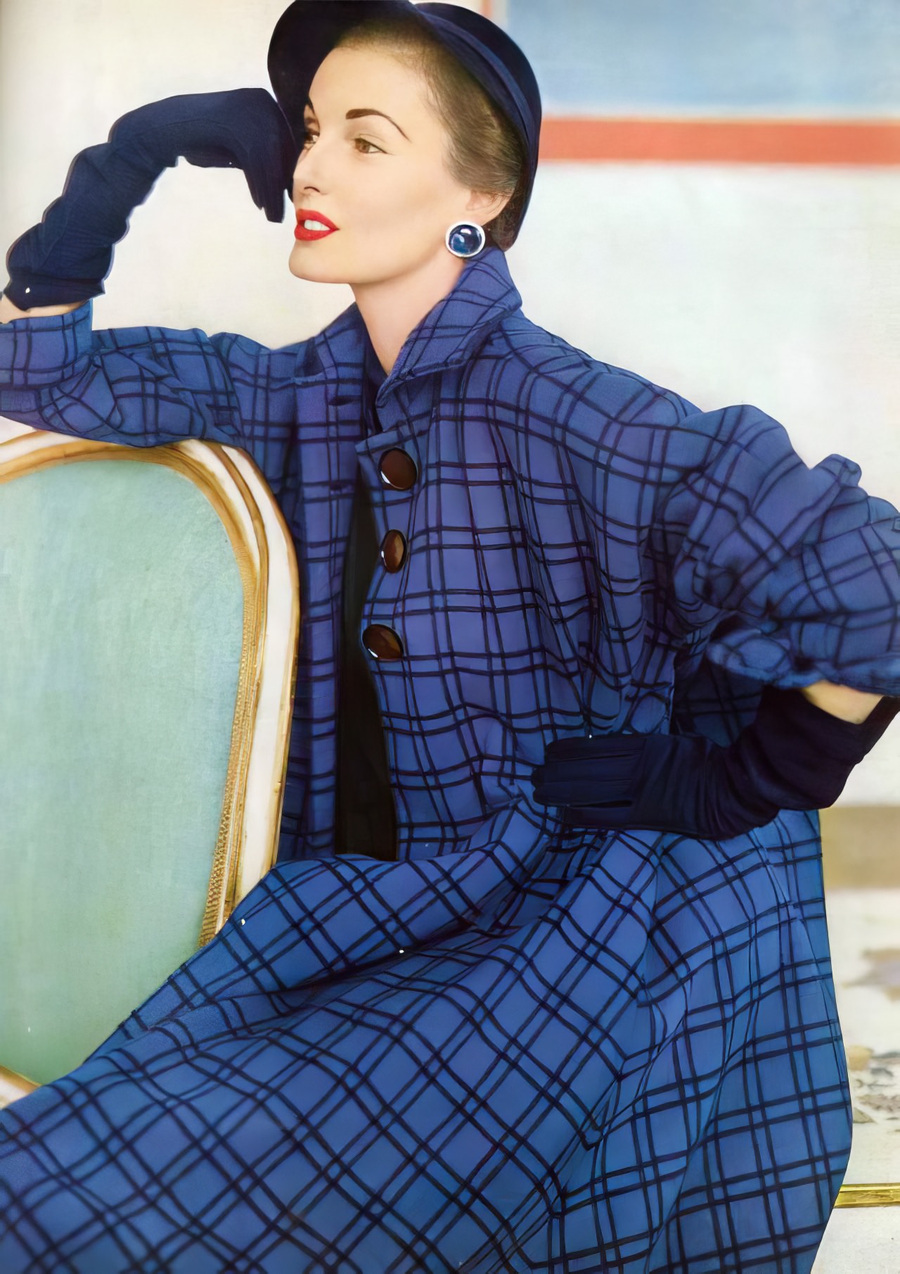 #4 Elise Daniels in a blue and black check flared coat by Juilliard Wool for Junior Sophisticates, Vogue US, September 1951.