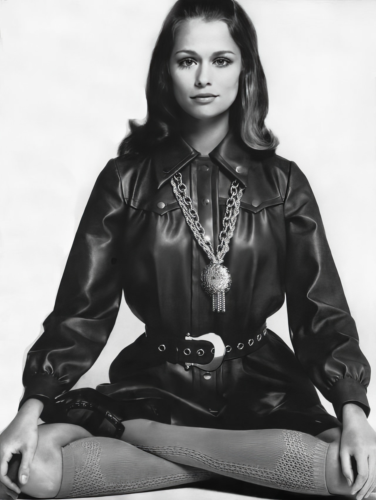 #21 Lauren Hutton in a chestnut-brown vinyl shirtdress, Vogue, July 1, 1968.