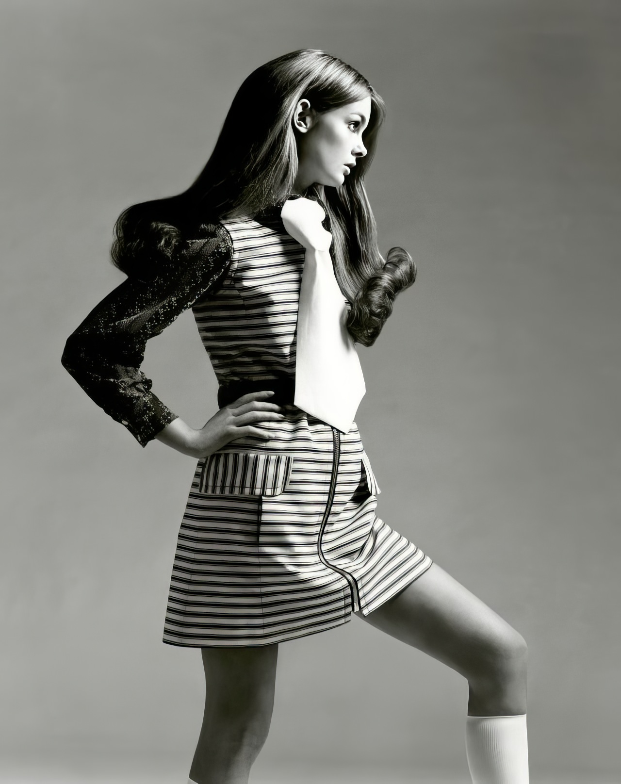 #37 Jean Shrimpton in a striped denim mini-jumper, Vogue US, March 1969.