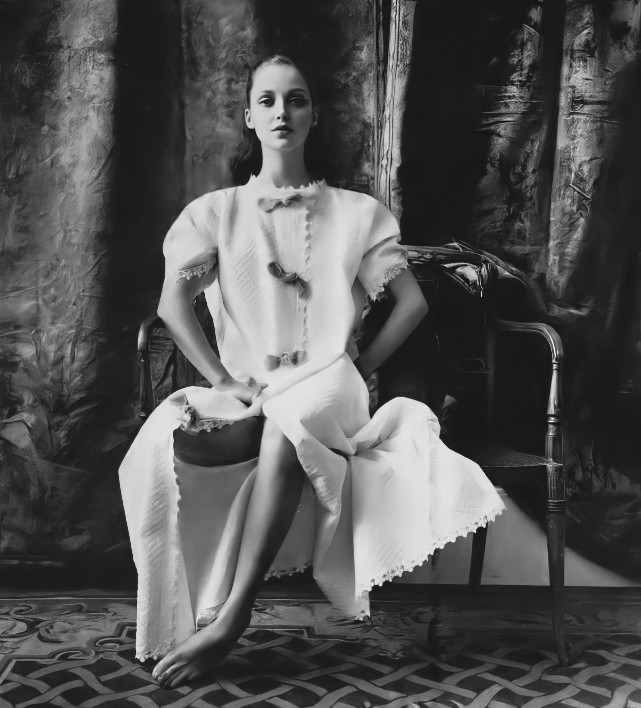 #3 Donna Mitchell in a white cloque nightdress by Iris, Vogue, February 1, 1965.