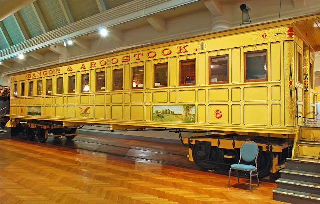 #19 Bangor & Aroostook railroad coach no.6 replica. Coach was built in 1925-28 to replicate a Bangor and Aroostook Railroad coach from the 1855 to 1965 era. Bangor & Aroostook was a railway in the state of Maine