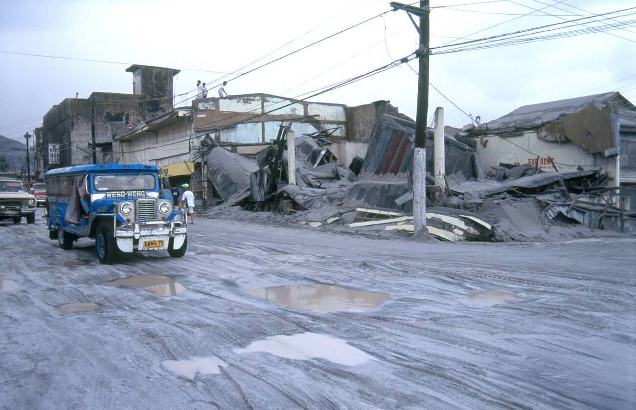 Villages in Olongapo, Philippines, covered in ash following Mount Pinatubo’s volcanic eruption.