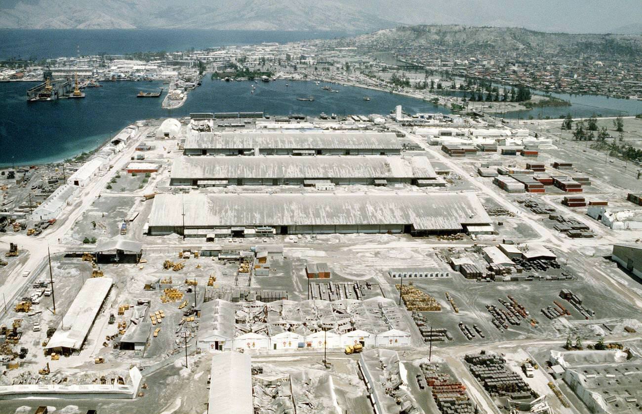 Naval Station Subic Bay, Luzon, Philippines, covered in ash after Mount Pinatubo’s eruption in 1991, its first activity in over 600 years.