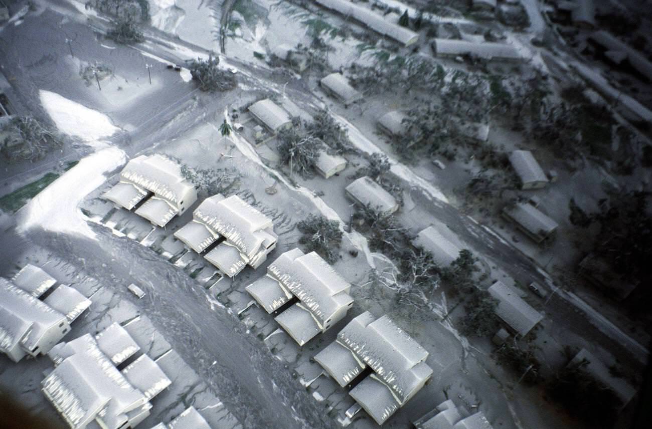 An aerial view of Clark Air Base, Luzon, Philippines, shows damaged trees and ash-covered roads after Mount Pinatubo’s eruption.