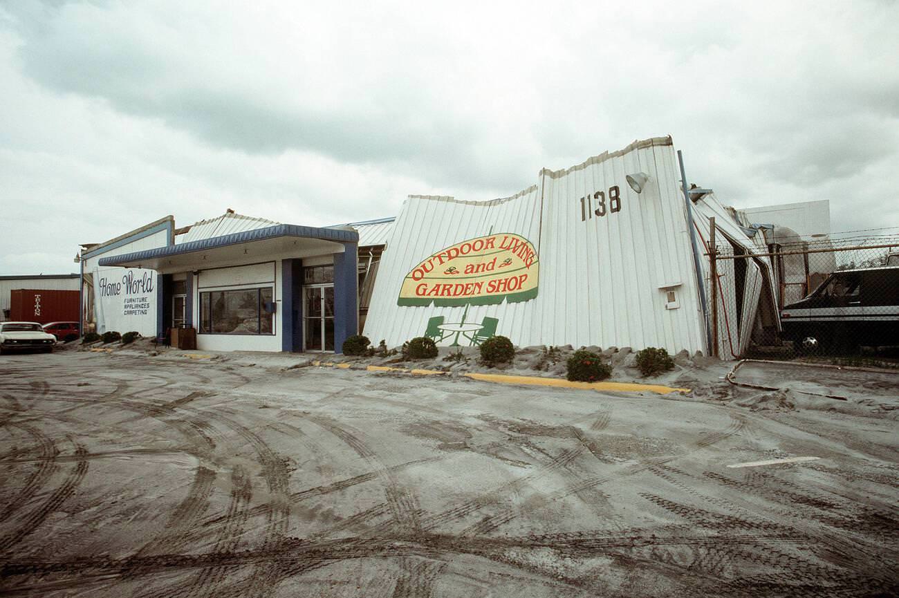 The collapsed roof of Navy Exchange’s Home World, building No. 1138, at Naval Station Subic Bay