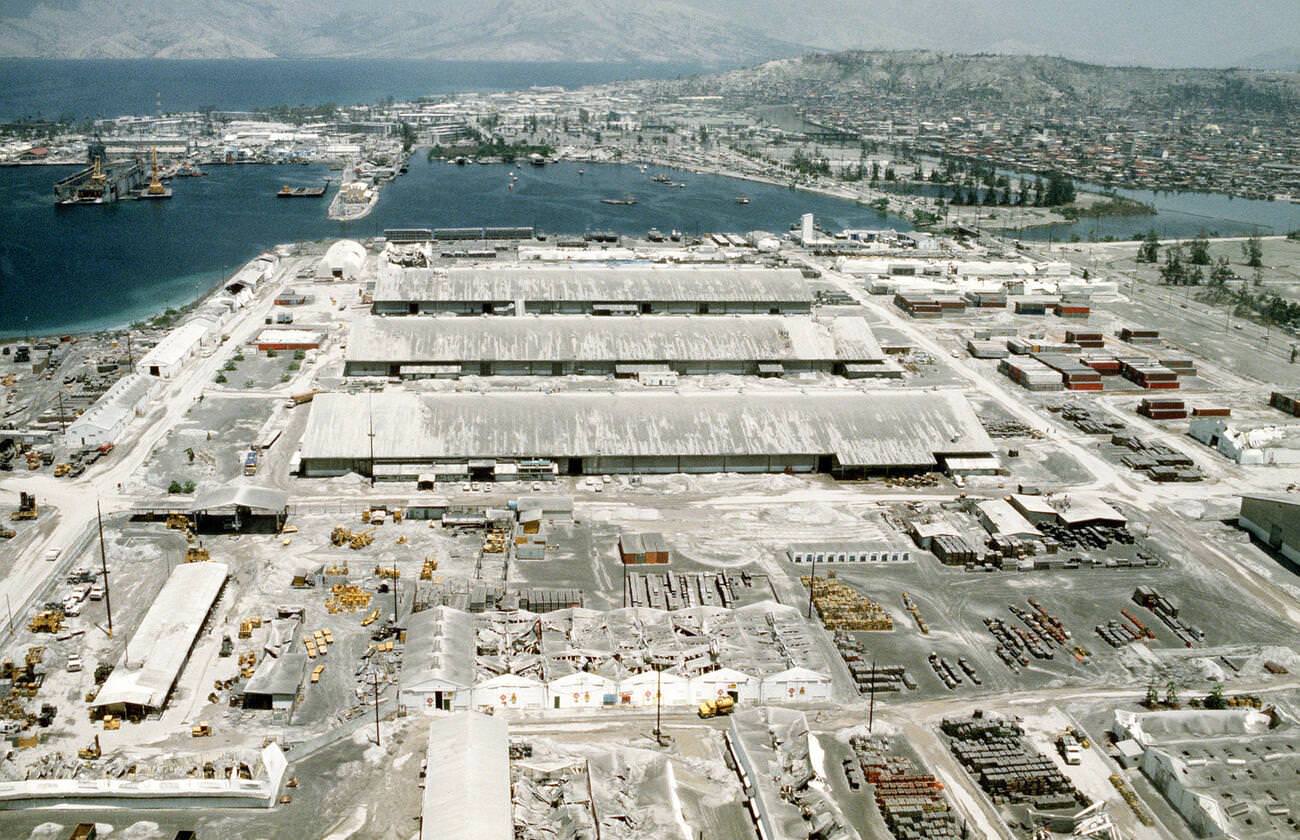 Ash covers Naval Station Subic Bay, Philippines, after Mount Pinatubo’s eruption in 1991.
