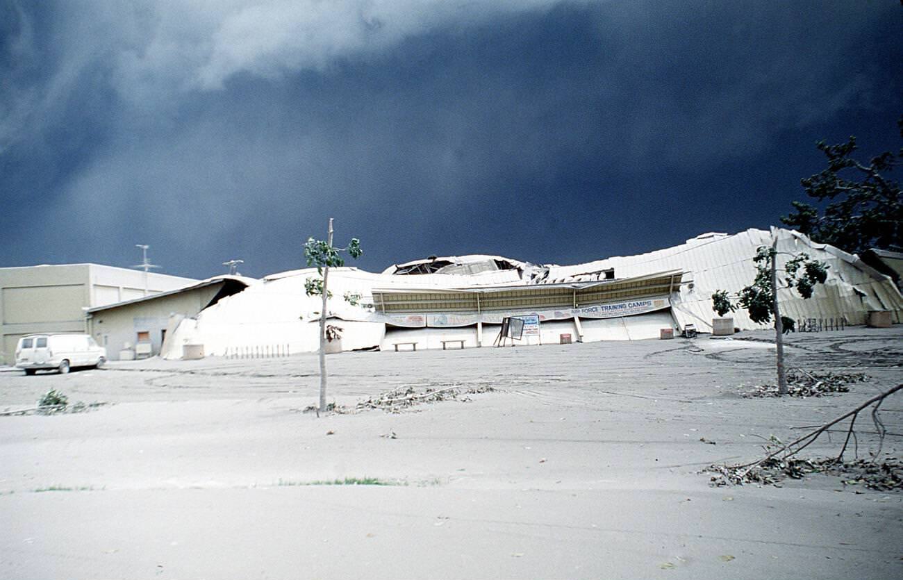 Levin Fitness Center at Clark Air Base, Luzon, Philippines, collapsed under volcanic ash from Mount Pinatubo’s eruption.