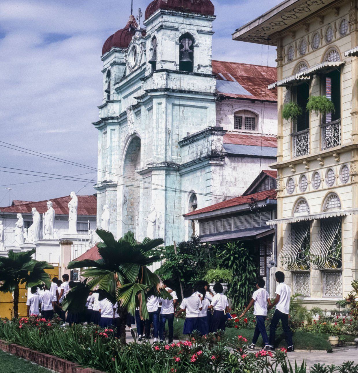 #100 The church and a primary school in Carcar, Cebu Island, Philippines, July 1985.
