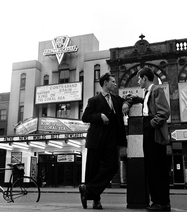 #16 Teddy Boys hanging around on a South London street near the Elephant and Castle ABC cinema with nowhere to go, 1955.