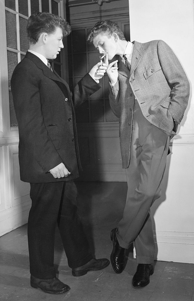 #18 Youths modelling the latest fashion Edwardian suits, November 1955.