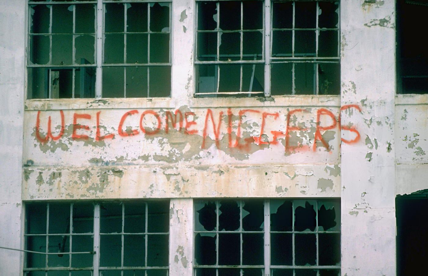 #14 Anti-African-American writing on a South Boston building during school busing integration, 1970s.