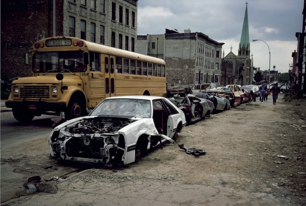 #10 School Bus and Curbside Crushed Cars Palmetto St., Bushwick, Brooklyn, 1985