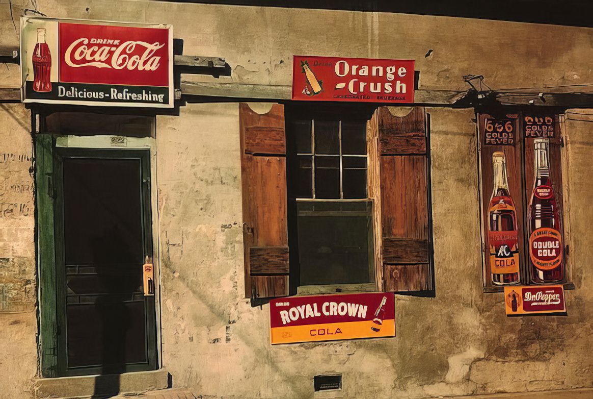 #13 A store in Natchez, Mississippi, advertises Coca-Cola, Orange-Crush, Royal Crown, Double Cola, and Dr Pepper.