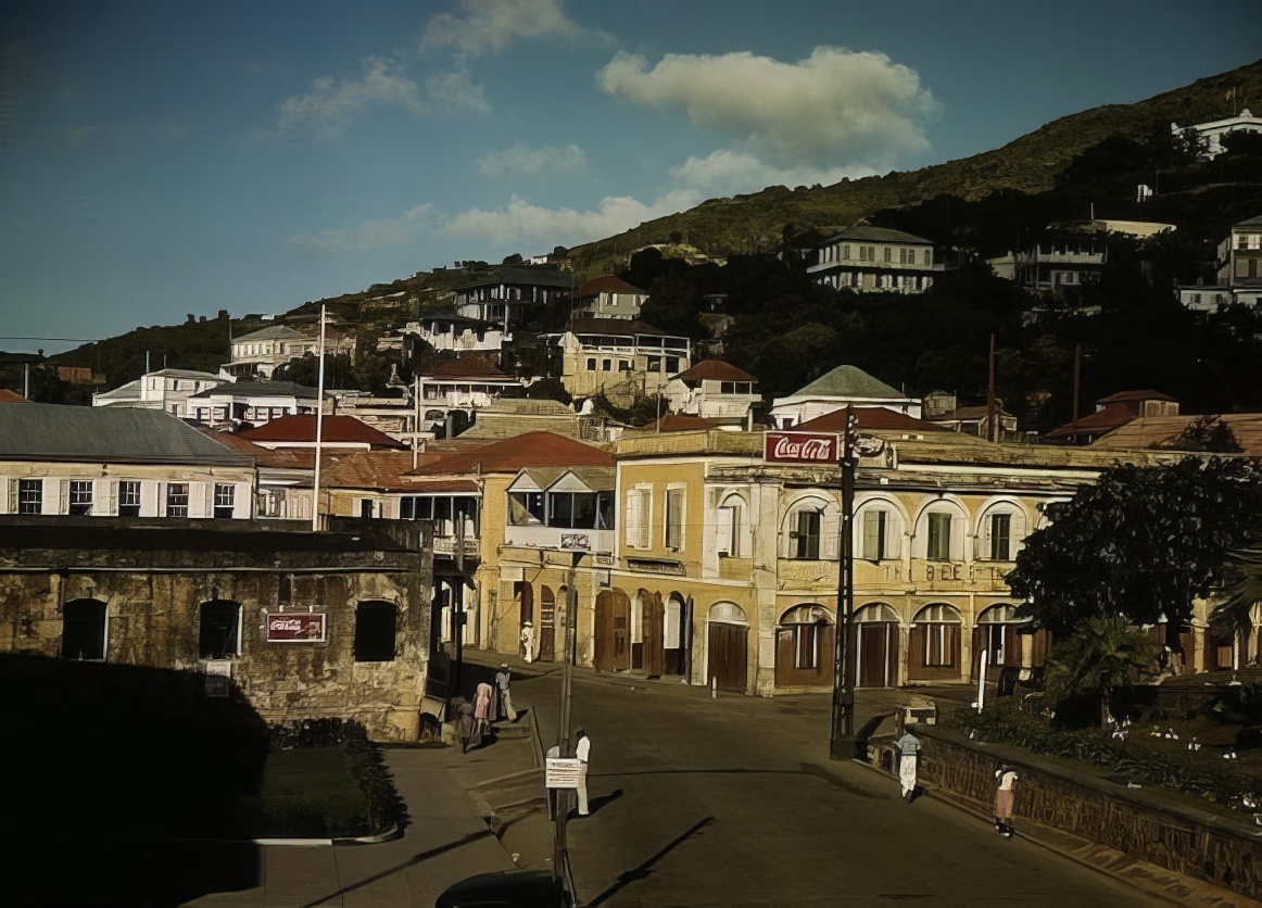 #2 View down the main street from the Grand Hotel, Charlotte Amalie, Street Thomas Island, Virgin Islands, 1941.