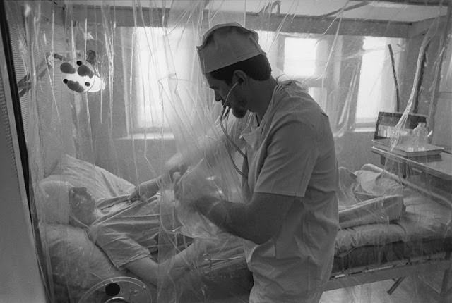 #12 At Moscow’s No. 6 clinic, which specializes in radiation treatment, a patient recovers after a bone-marrow operation.