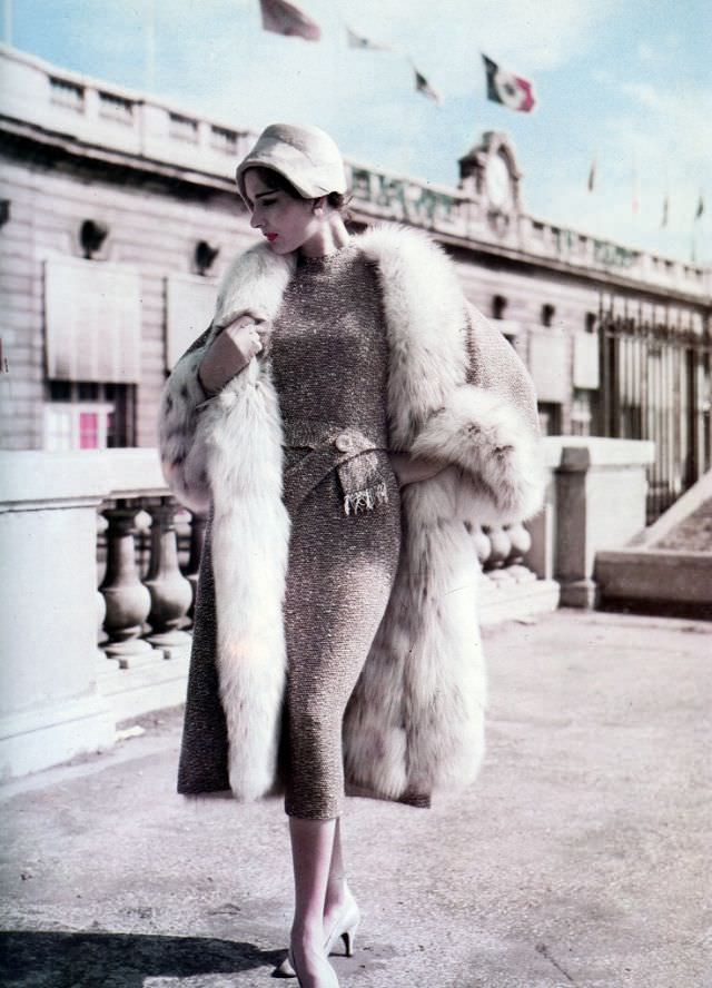 #17 Balmain’s dress and matching coat lined in fur, 1957.