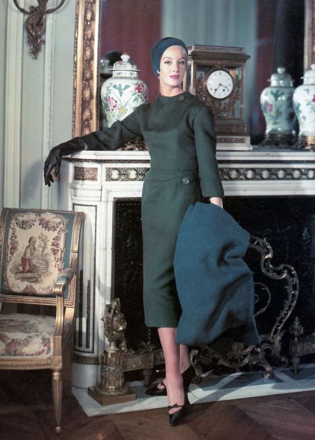 #27 Balmain’s town dress and coat modeled here by Barbara Cailleux, 1958.