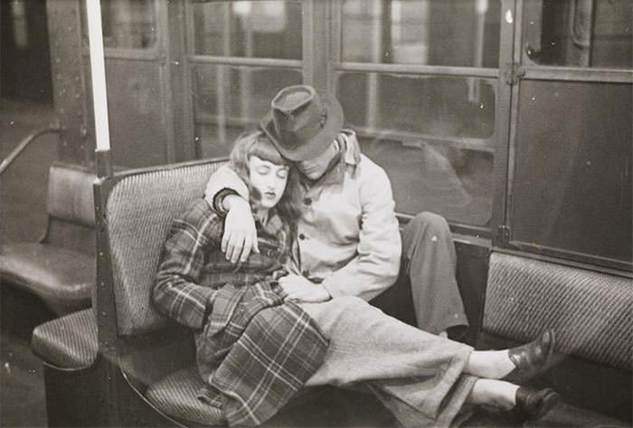 #2 A couple sleeping in a subway car, 1940s.