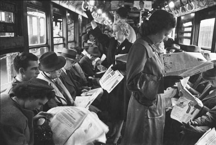 #63 Passengers in a subway car, 1946.