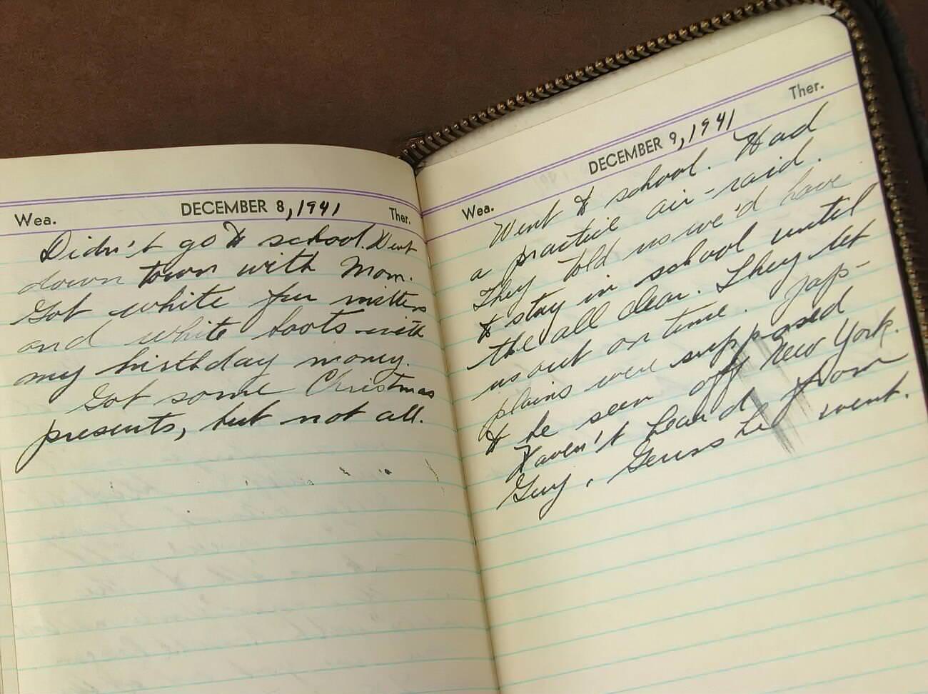 #10 A vintage personal diary with notes on the attack on Pearl Harbor propelling America into World War II, 1941.