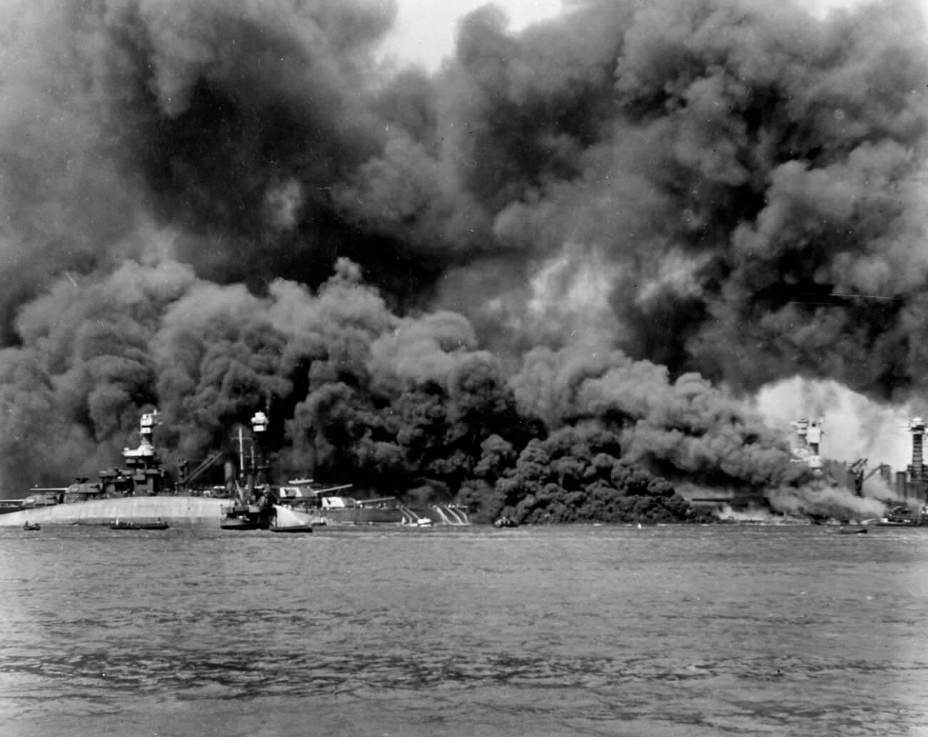 #11 View of Battleship Row during or immediately after the Japanese raid, 1941.