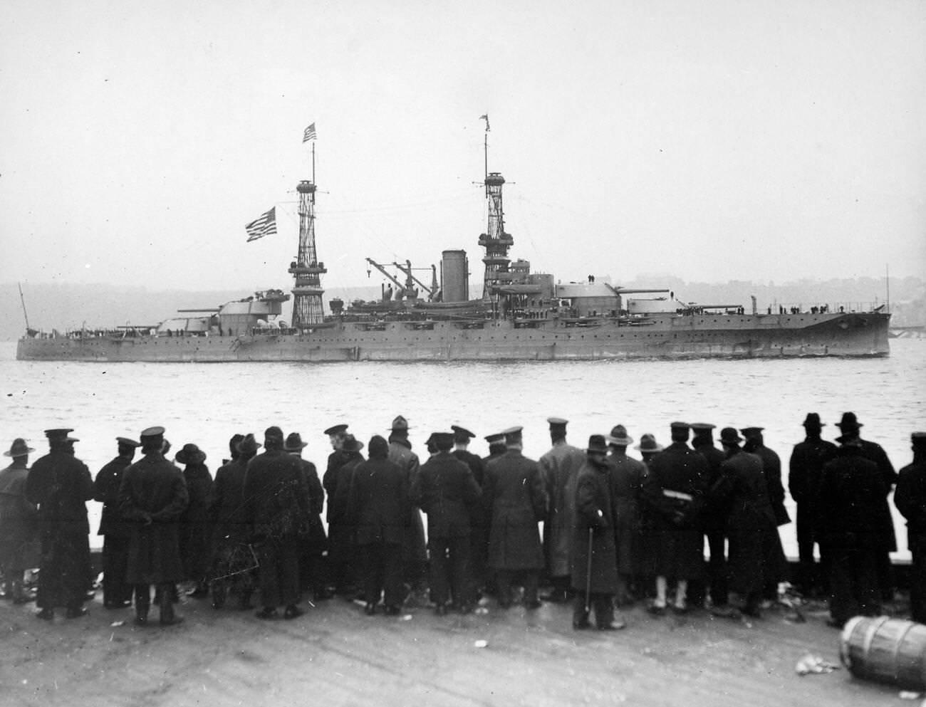 #14 USS Arizona (BB-39) battleship built for and by the United States Navy in the mid-1910s and sunk during the Attack on Pearl Harbor on December 7, 1941. Pictured passing 96th Street Pier in great naval review at New York City, circa 1918.