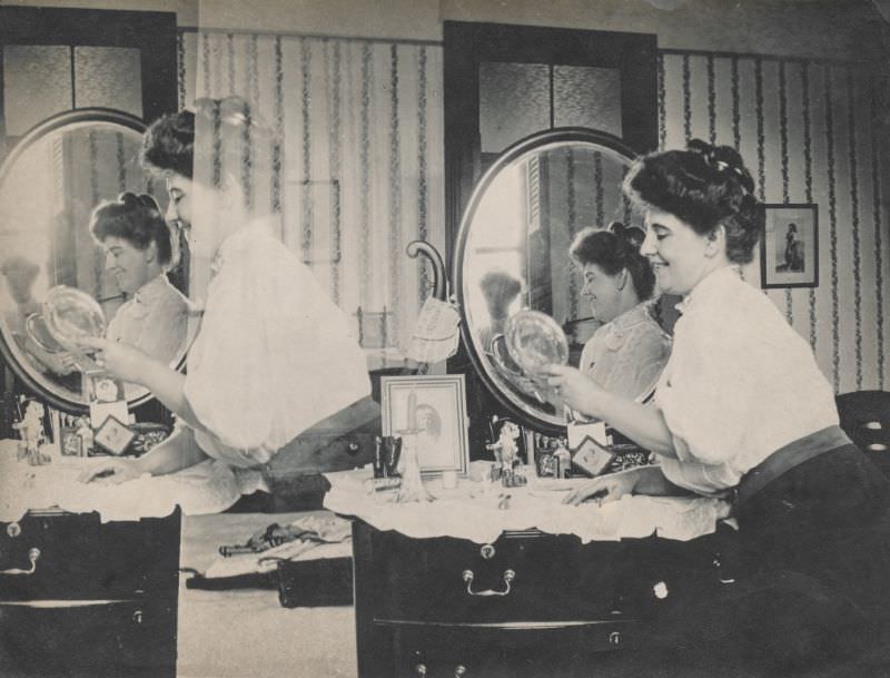 #23 Woman examining herself in a mirror