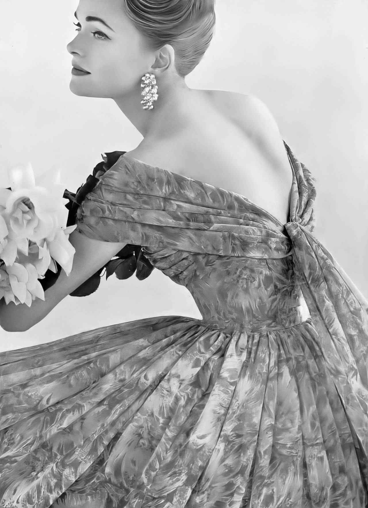#38 Susan Abraham in lovely, airy floral print chiffon, 1957.