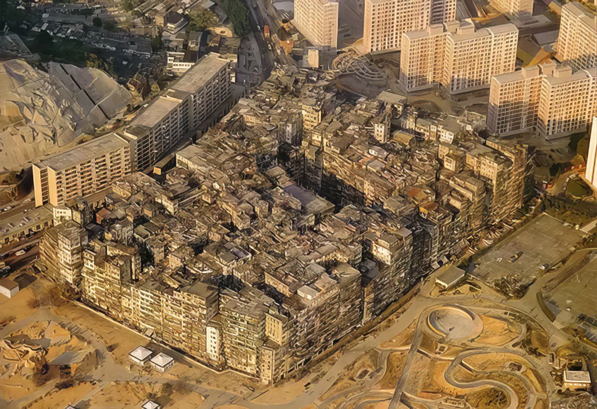 #5 An aerial view of Kowloon Walled City in 1989.