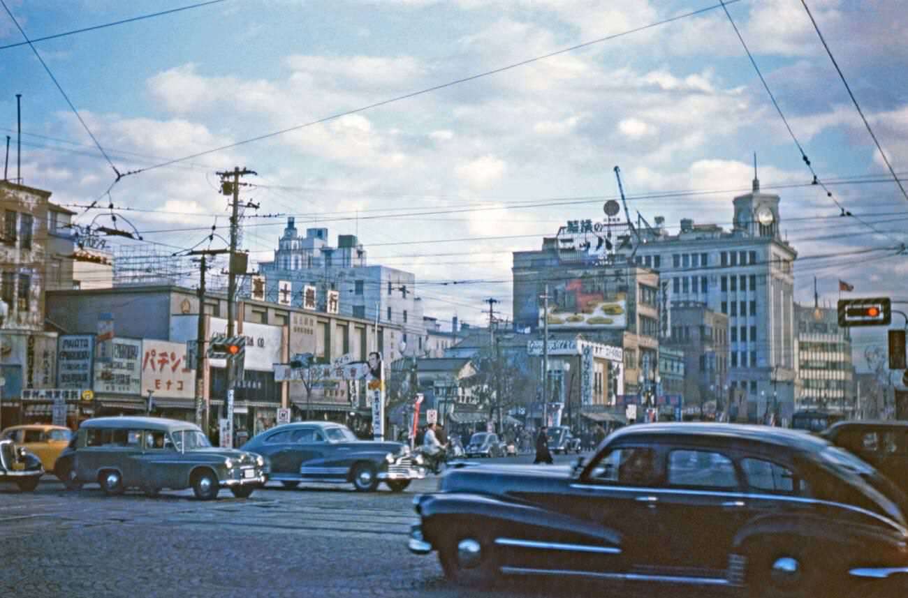 #8 Traffic in a busy street in downtown Tokyo, 1952.